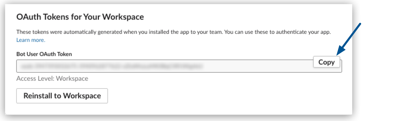 ボットユーザーの OAuth トークンのコピー